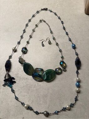 Handcrafted Green and Blue Beaded Multiple Necklaces and Earrings Set